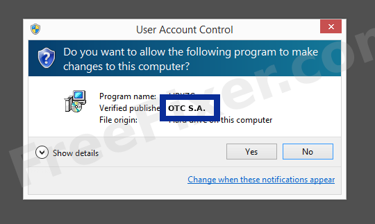 Screenshot where OTC S.A. appears as the verified publisher in the UAC dialog